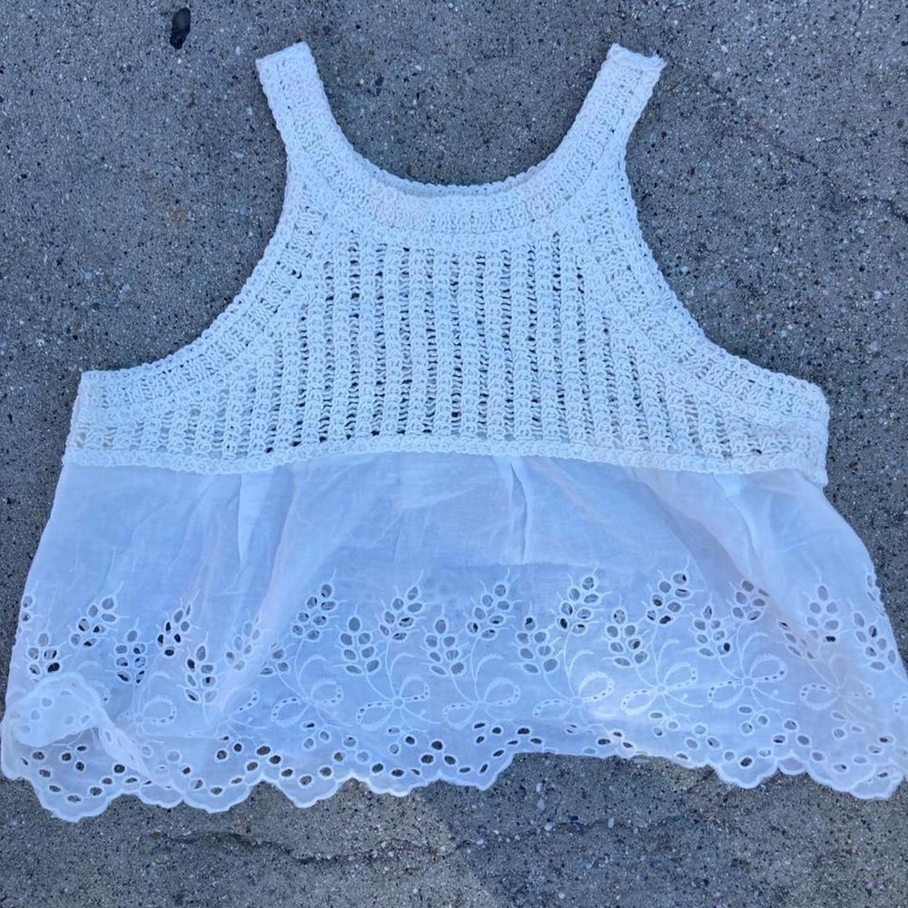 White eyelet lace crop top with floral cut-out design with crochet cottage fairy